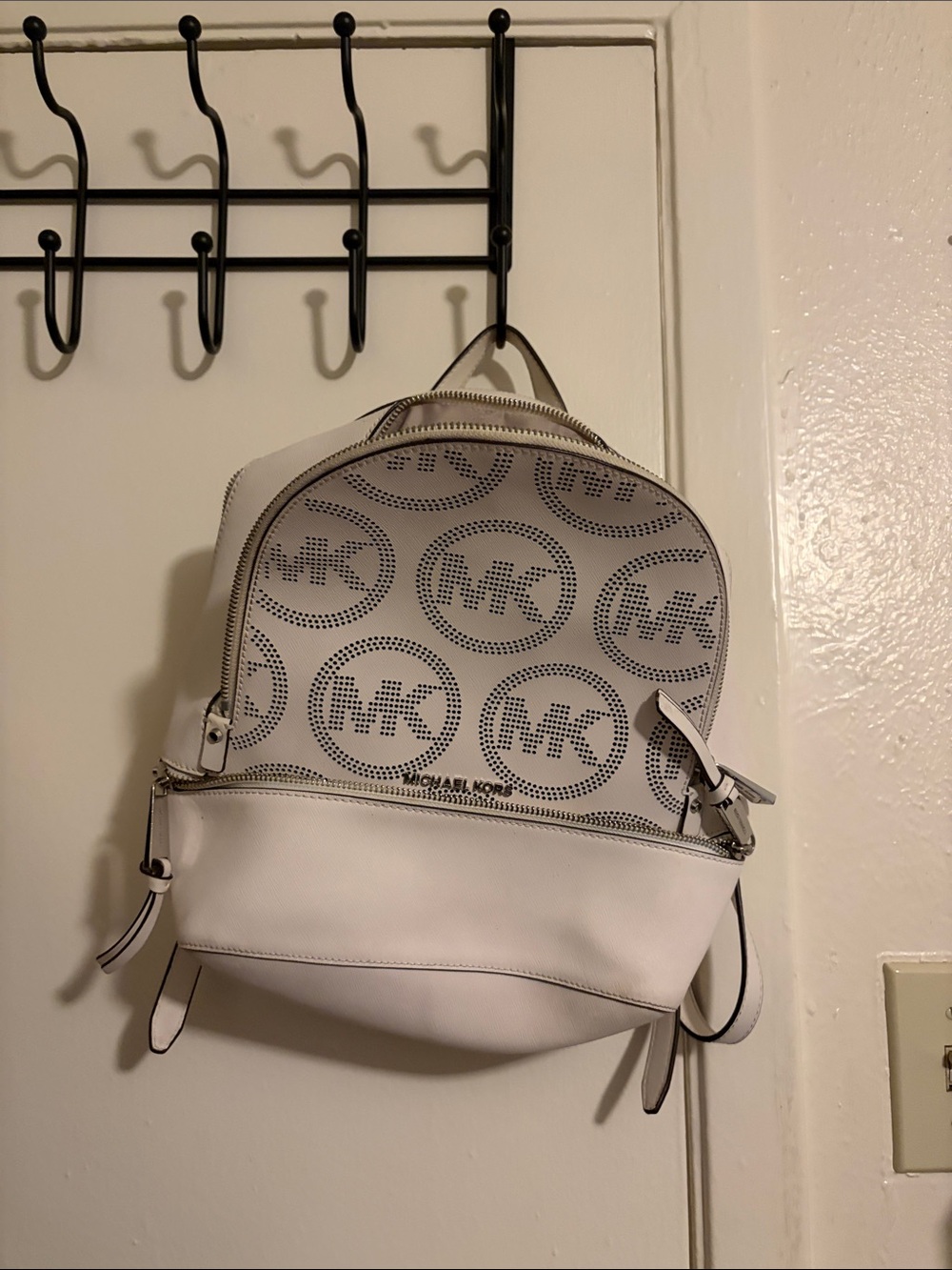 Michael Kors White Perforated MK Logo Backpack